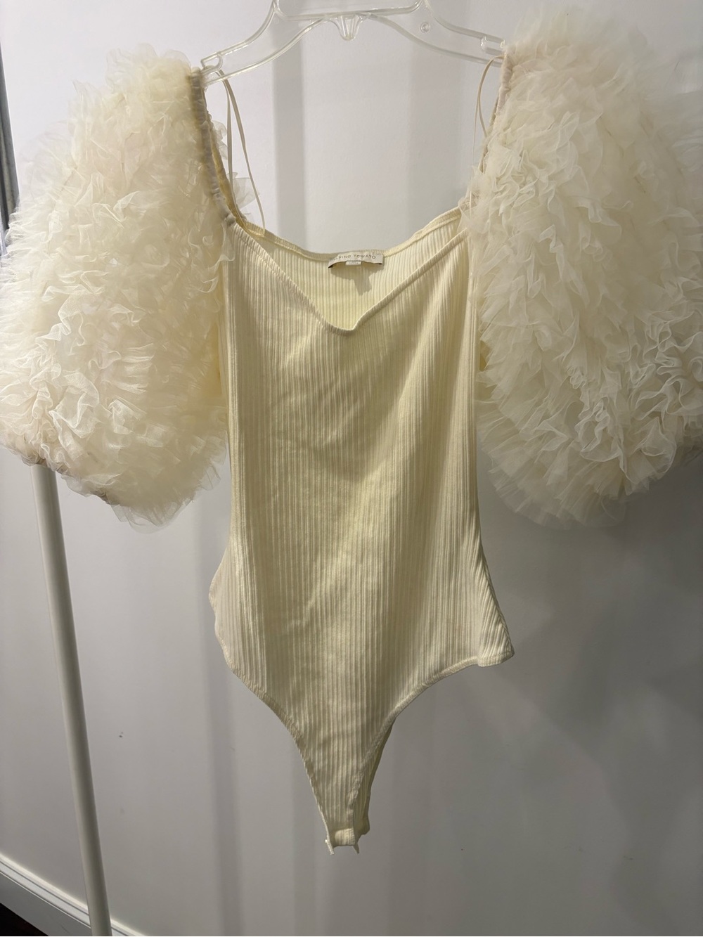 Flying Tomato Cream Ribbed Bodysuit with Puff Tulle Sleeves